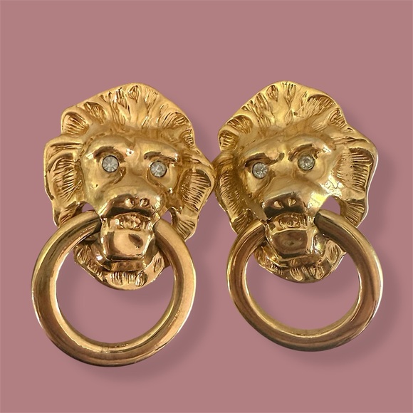 Gold Lion Head Earrings - Picture 1 of 1
